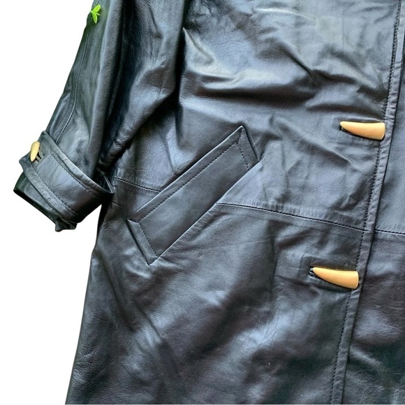 LNR Genuine Leather Buttoned Trench Coat Jacket Black Gold Metallic Size M - Picture 4 of 9